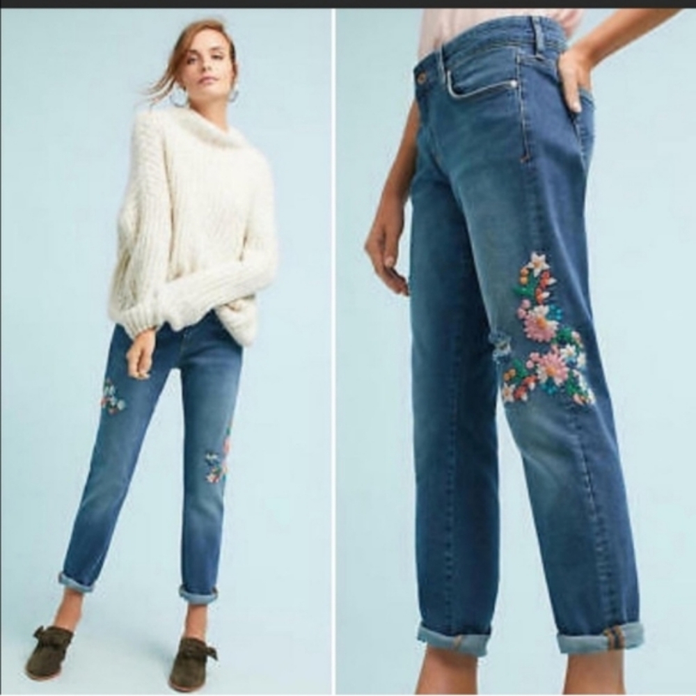 🌸 Anthropologie Pilcro & the Letterpress Floral Embroidered Boyfriend Jeans, 29